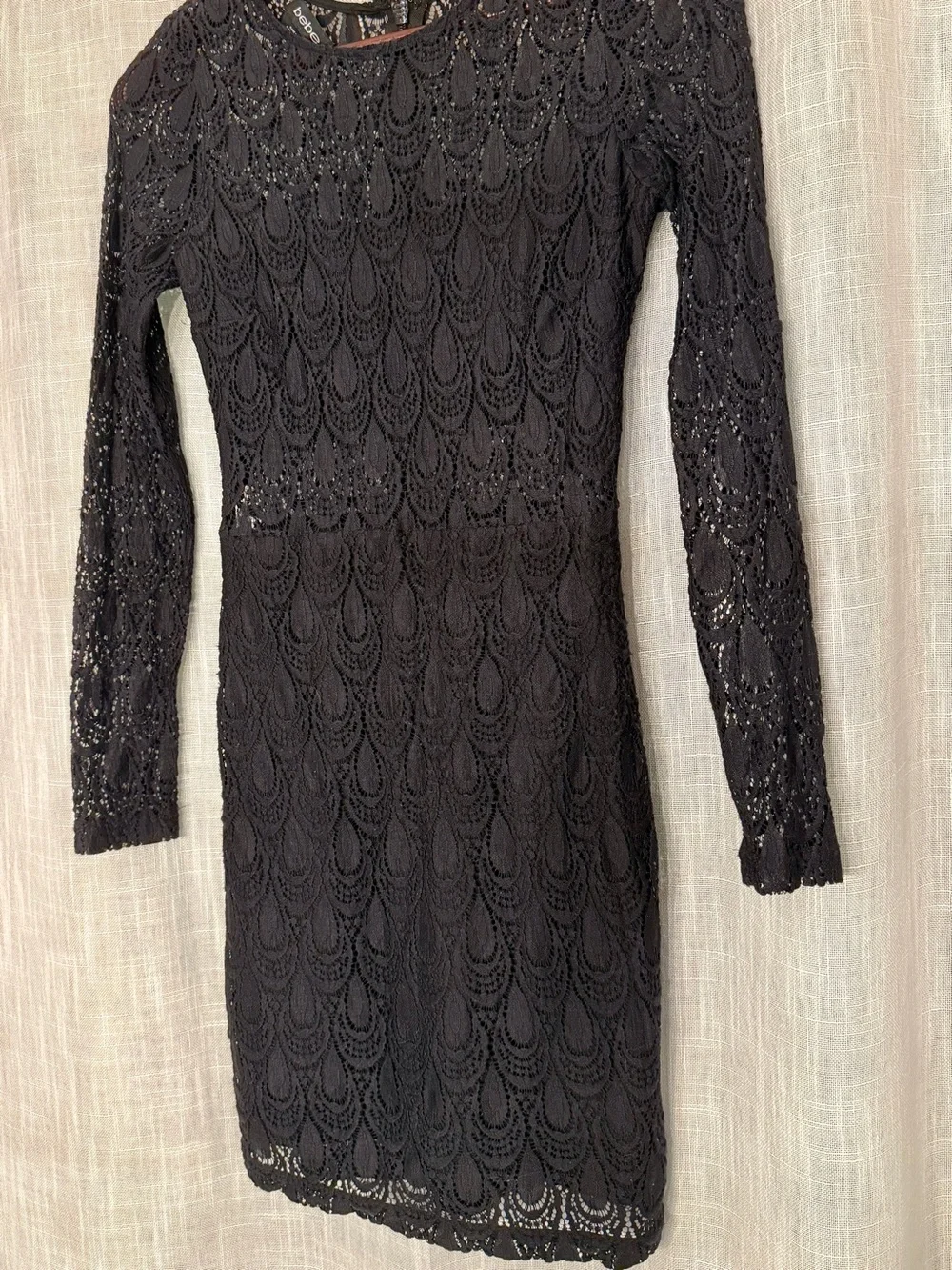 Black Illusion Tear Drop Lace Long-Sleeve Zip Dress Bandeau Top and Skirt Bebe